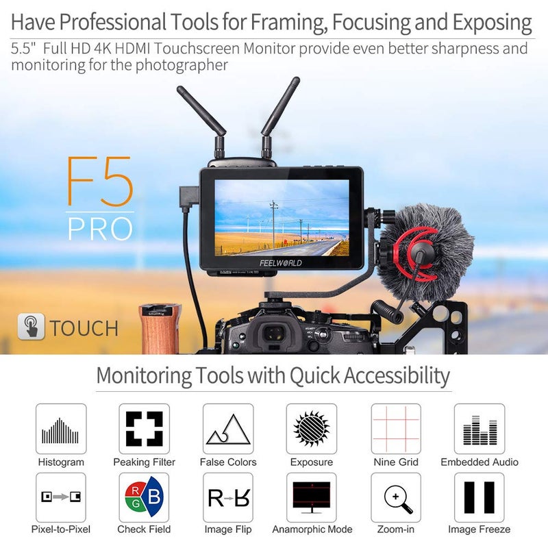 Feelworld FEELWORELD F5PROV4 شاشة فيديو 6 إنش مع شاشة تعمل باللمس وكاميرا DSLR HDMI شاشة ميدانية مع مجموعة تثبيت خارجية المعدات IPS FHD1920x1080 إدخال وإخراج 4K HDMI إدخال 5 فولت نوع C - Image 2